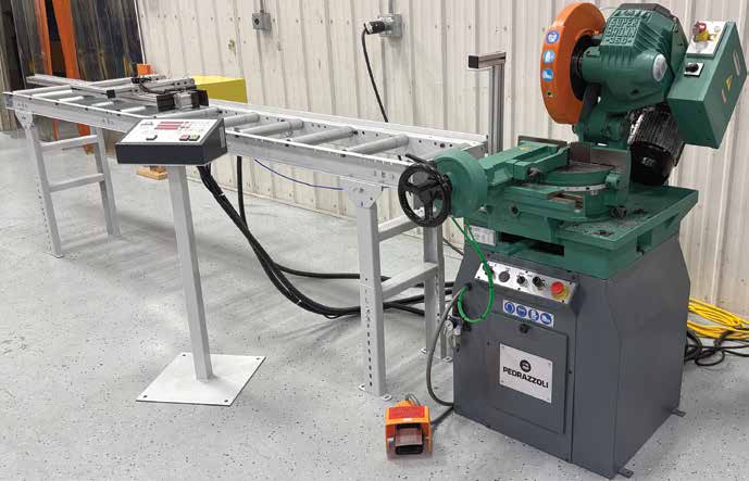 Pedrazzoli Super Brown 350/60 SA cold saw with optional PD100 automatic feeder, controller and roller conveyor